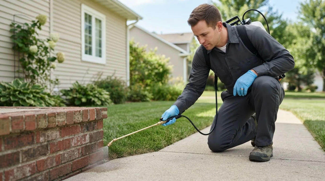 Pest control technician treating a home near Rockledge, GA
